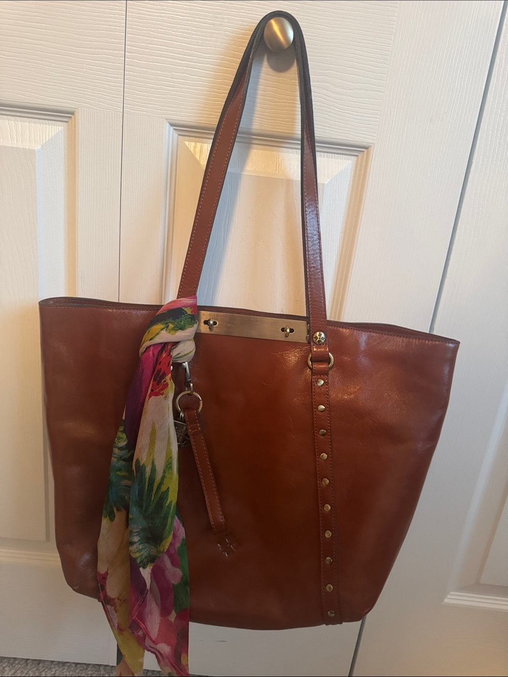 Patricia Nash Benvenuto Classic Brown Leather Tote Bag with Scarf Accent